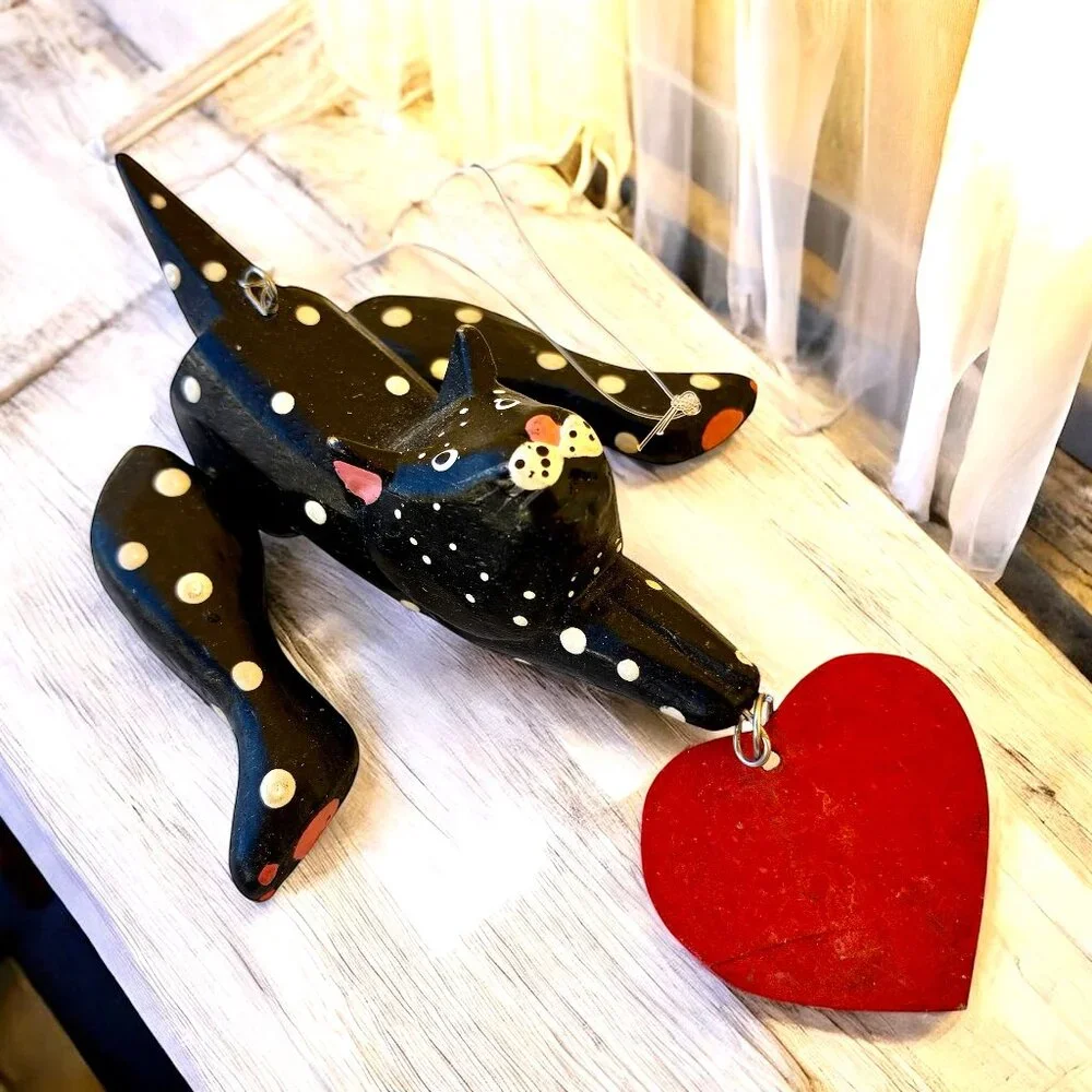 Vintage Wood Black Cat Christmas Hanging Ornament Hand Painted RED HEART Moves